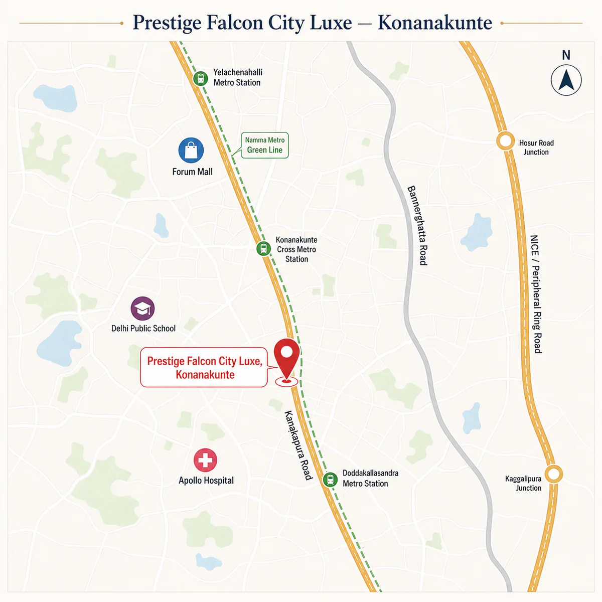 Prestige Falcon City Luxe location map at Konanakunte, Kanakapura Road, Bengaluru